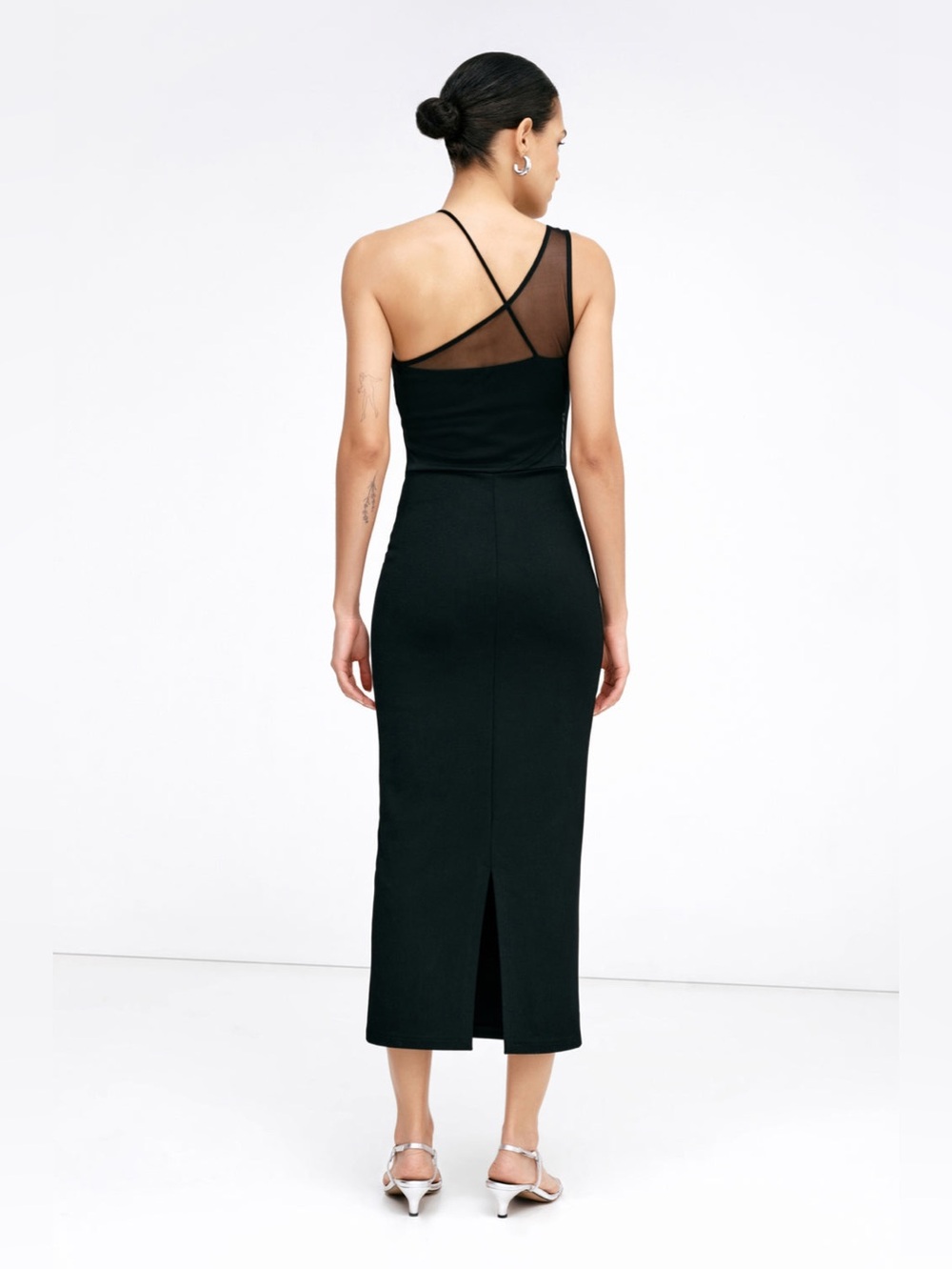 Marcella Vivica Black One-Shoulder Mesh Insert Midi Dress - Picture 3 of 9